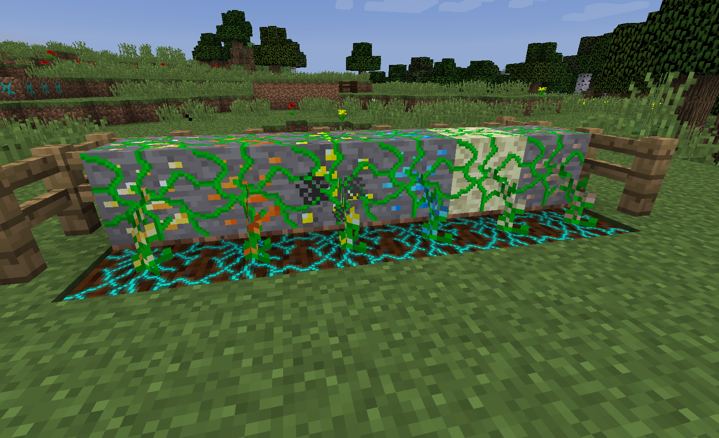 A couple different metallic ore blocks
                             grown by their respective plants.